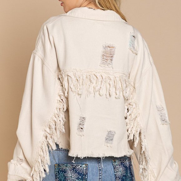 POL NWT Fringe Distressed Cropped Denim Jacket with Pockets in Oatmailk - Picture 4 of 4